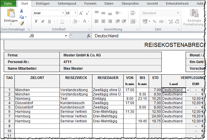 Reisekostenabrechnung für Microsoft Excel für alle Jahre
