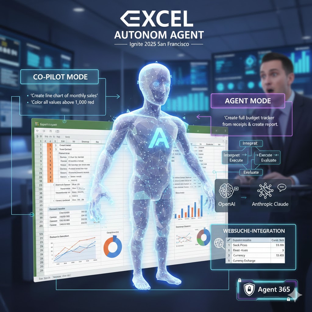 Bild zu Excel wird autonom - stilisierter Mensch vor Excel-Szenario